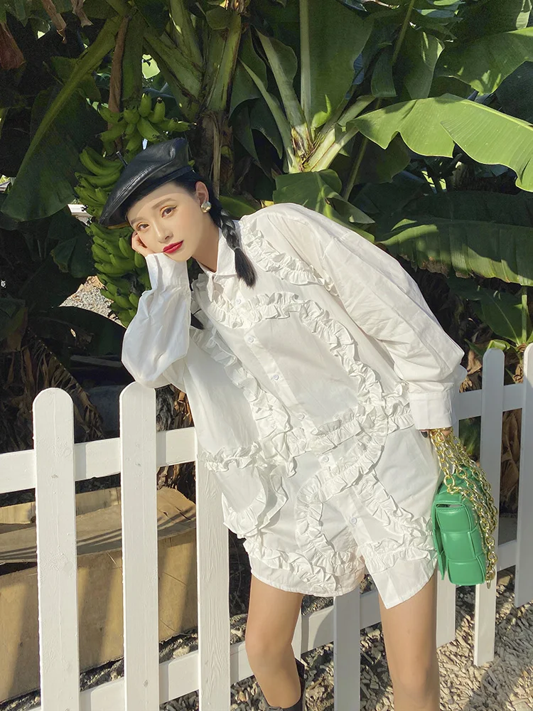 

2021 New Spring Shirt Women's Ruffle Long Sleeve Mid-Length Blouse Retro French Style Fashion Single Breasted Top Blusas