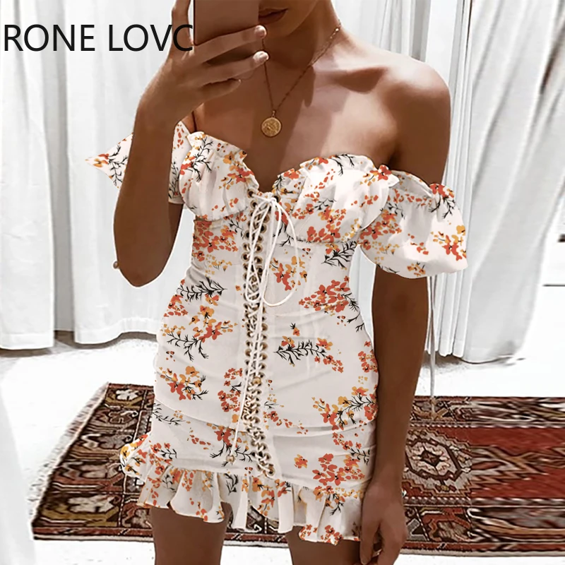 

Women Strapless Floral Print Off Shoulder Eyelet Lace-up Ruffles Mini Sxey Dress Elegant Dress
