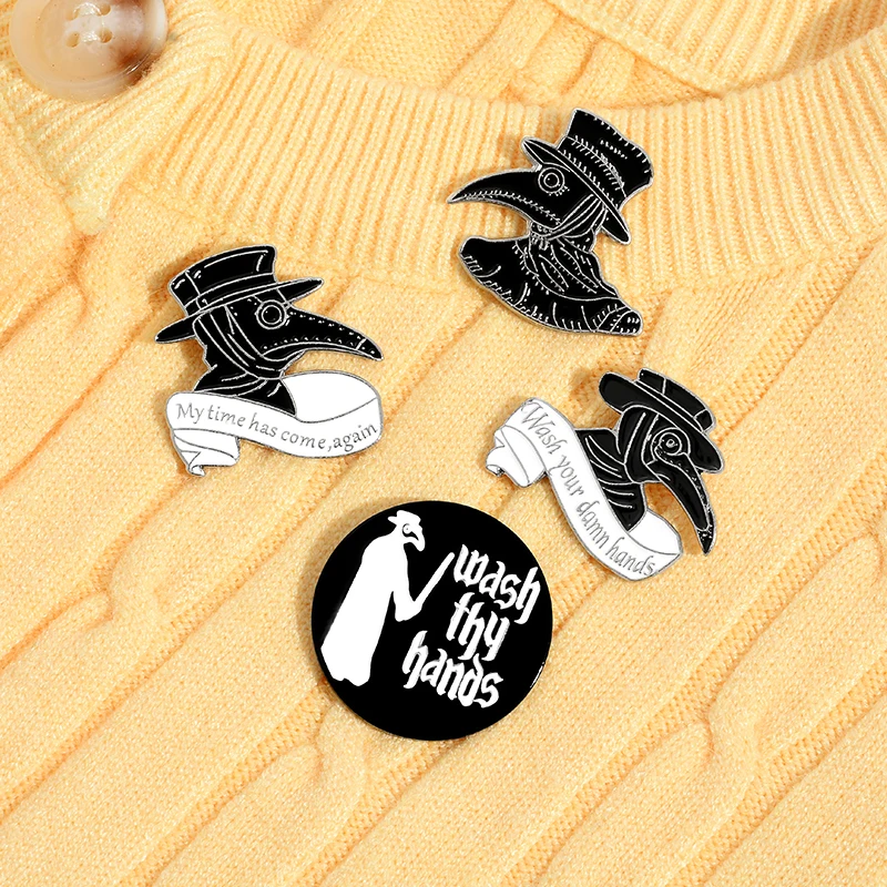 

XEDZ Cartoon horror black gentleman Mr. Woodpecker WASH YOUR HANDS enamel character brooch Halloween denim pendant jewelry gift