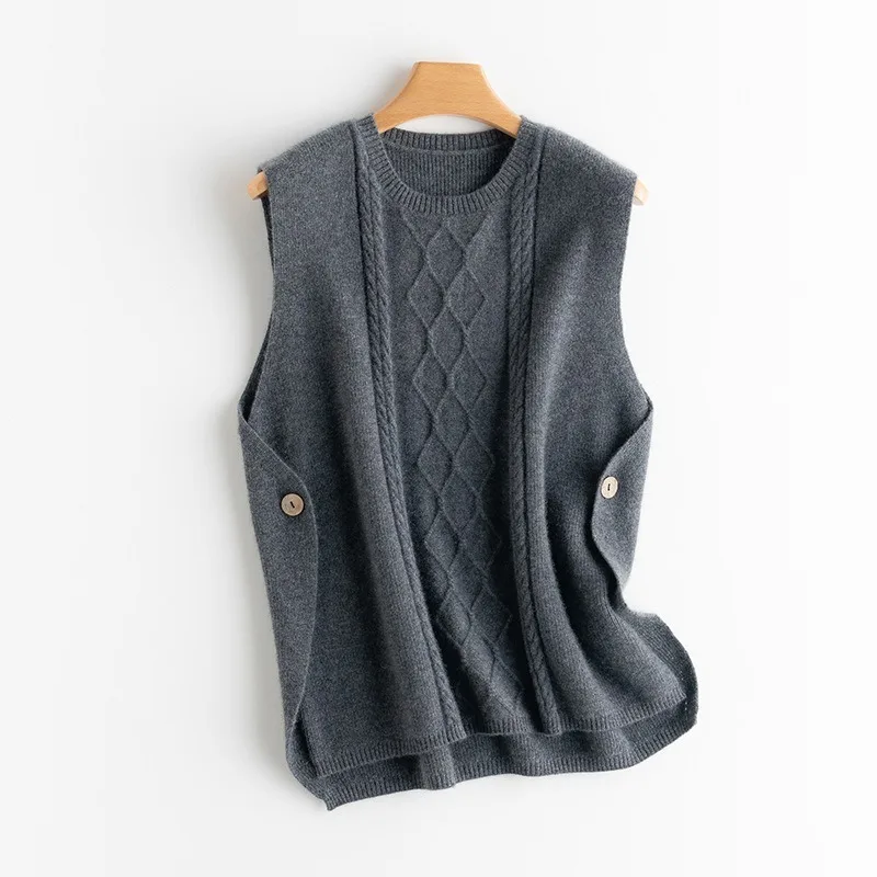 

2020 Autumn and Winter New Pure Cashmere Vest Vest Diamond Linen Flower Women's Sleeveless Sweater Sweater round Neck Wear
