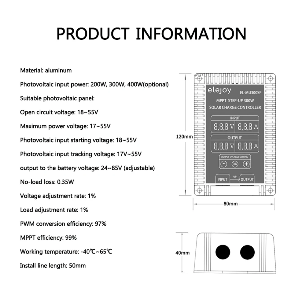 

300W Step-up MPPT Real-time Tracking Function LED Display Solar Power Supply Battery Recharging Controller 24~85V Output Voltage