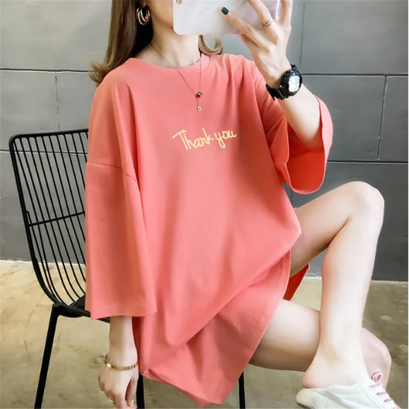 

M--4XL OverSize 2020 MonogrAmmed Short Sleeve T-Shirt For Women Spring/Summer Cotton Shirt With Bottom Pink Green Tops Ladies