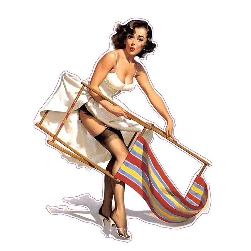 

Brunette with Lawn Chair Pin Up Girl Vinyl Car Stickers Decal Graphical Funny DIY Window Trunk Scratch-Proof Exterior PVC13x10cm