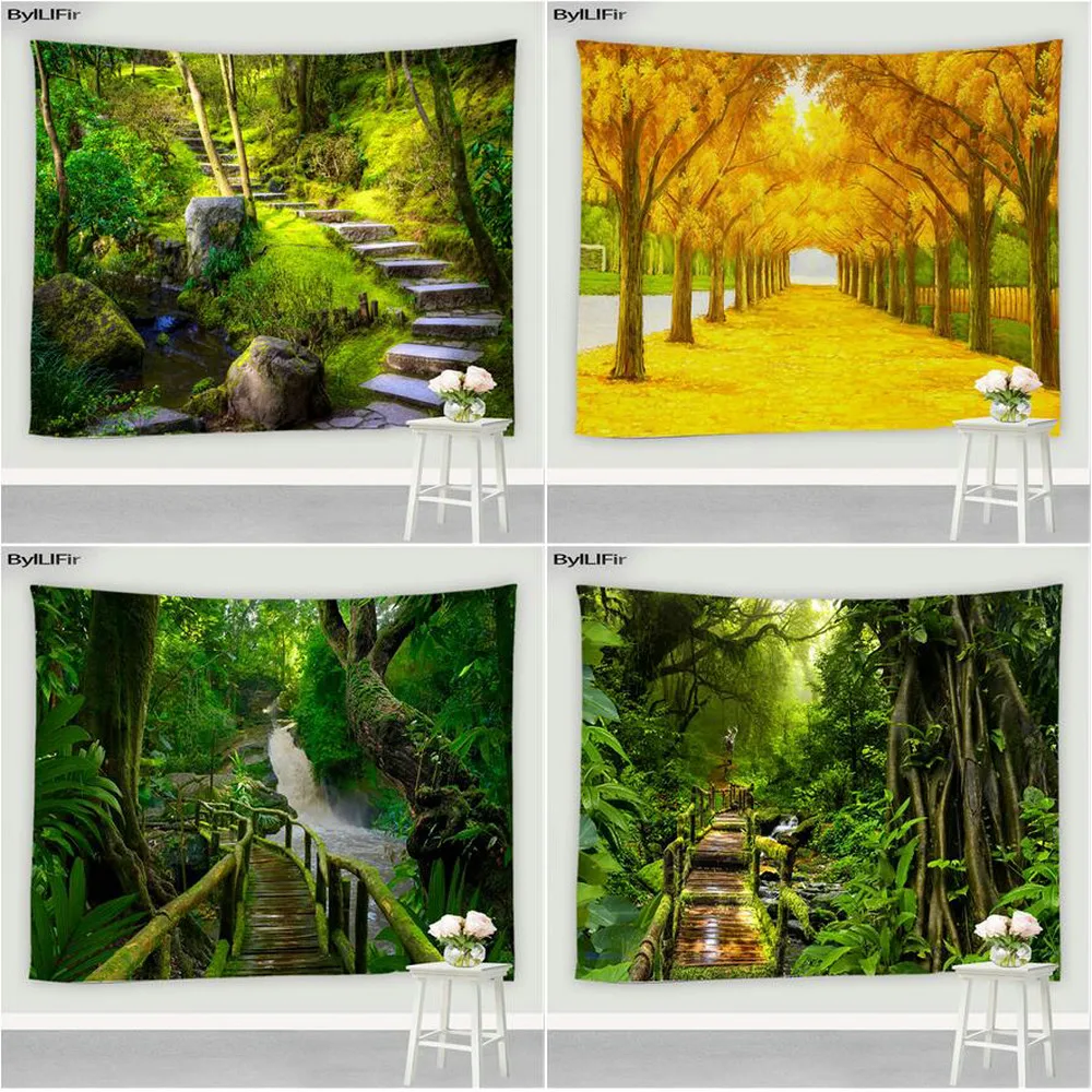 

Green Jungle Wooden Bridge Landscape Tapestry Psychedelic Forest Living Room Wall Hanging Screen Hippie Decor Background Cloth