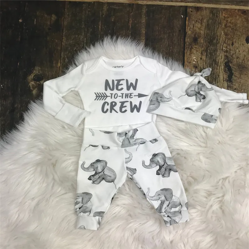 3pcs Newborn Clothes Set White Letter Rompers Baby Girls Bodysuit Outfits Elephant Print Pants Hats Boys Clothing | Детская одежда и