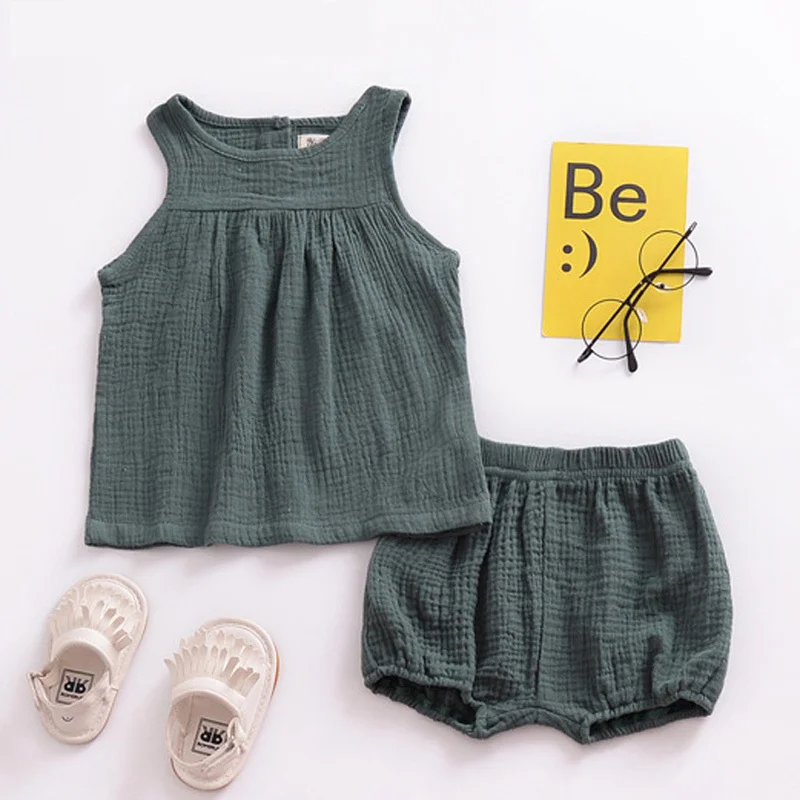 Trajes de lino para beb&eacute;s y ni&ntilde;as, conjunto de ropa de algod&oacute;n para ni&ntilde;os, chaleco para reci&eacute;n nacidos, Tops y pantalones cortos, ropa para ni&ntilde;os de 0 a 4 a&ntilde;os, 2022-0
