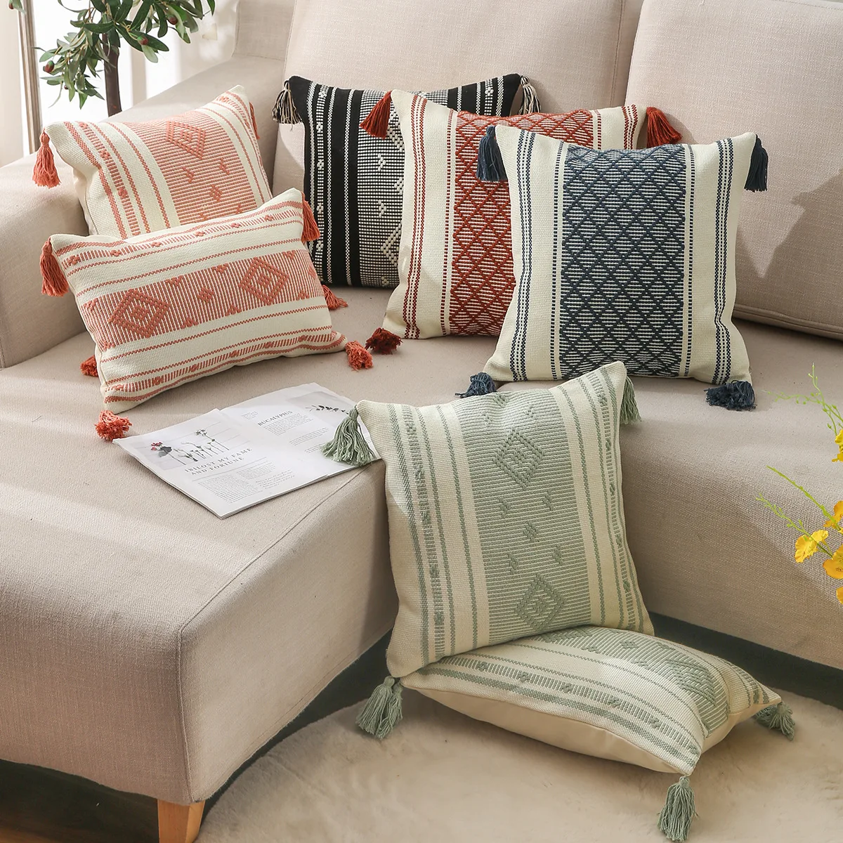 

Home Ins Nordic Cut Flower Yarn-Dyed Woven Geometric Tassel Pillowcase North American Cushion Cover Decoration