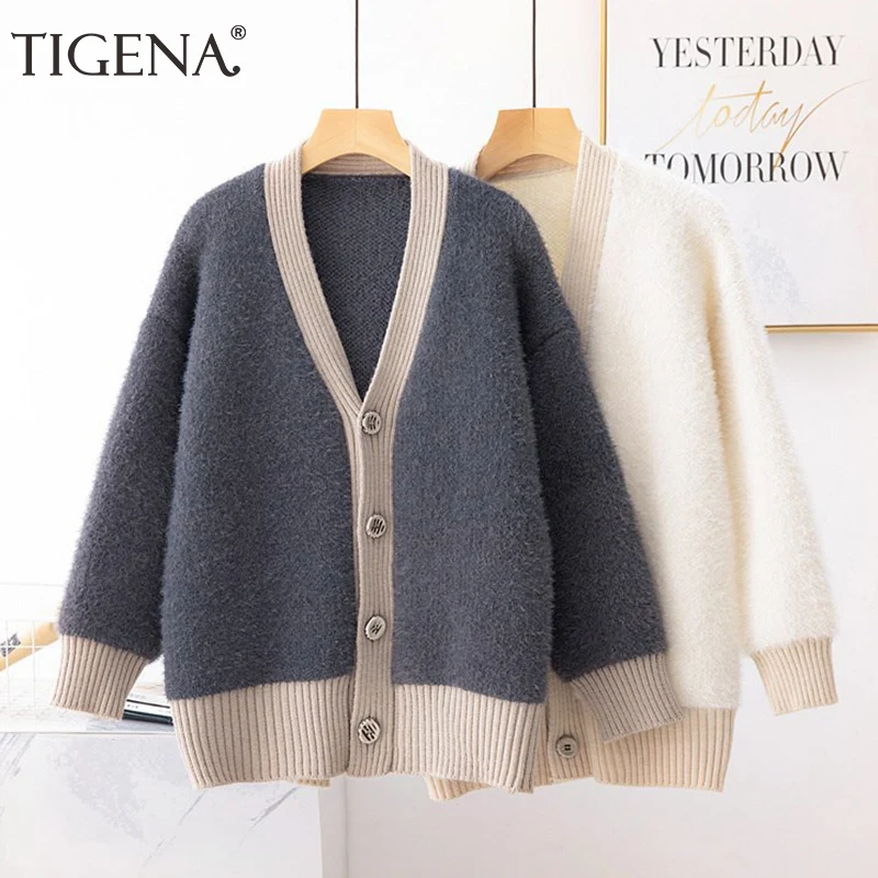 Женский вязаный кардиган TIGENA, свободный кардиган с длинным рукавом, однобортный жакет для женщин на осень-зиму