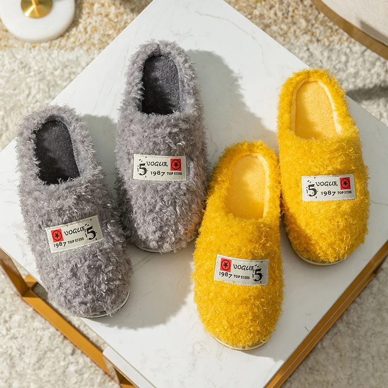 

Winter Women Slippers Plush Female Slip-On Flock Warm Non-Slip House Winter Couple Indoor Flat Home Cotton Shoes Men's Footwear