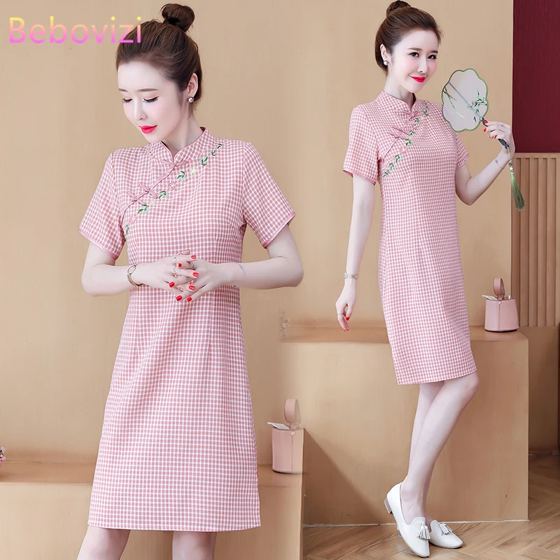 

Plus Size M-4XL Summer 2021 Short Sleeve Red Check Art Qipao for Women Chinese Modern Cheongsam Dress Party Traditional Clothes