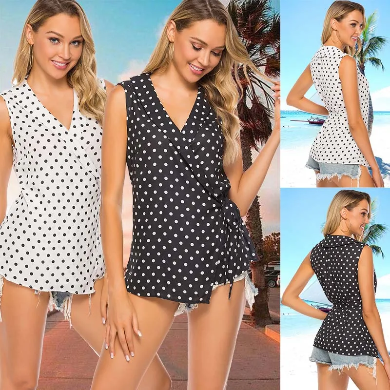 

Блузка женская летняя в горошек, без рукавов, с V-образным вырезом