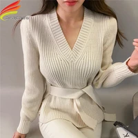 women pullovers and sweaters 2022 winter v neck knitted streetwear jumper with belt black red gray white warm women sweaters