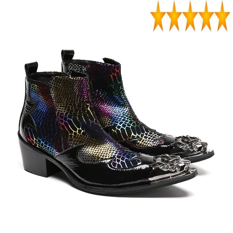 

New British Mens Color 2021 Printed Boots Block Med Heels Metal Toes Night Club Punk Footwear Genuine Leather Party Shoes