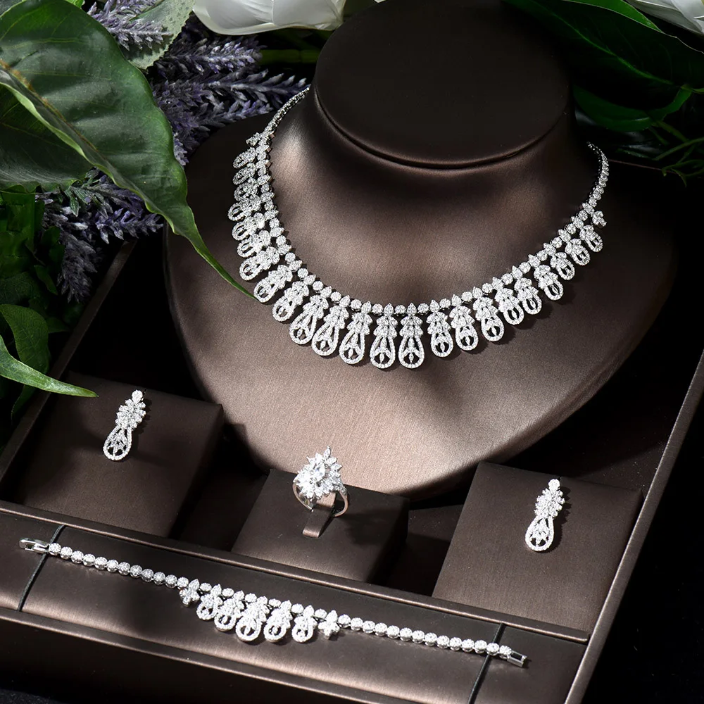 HIBRIDE Full CZ Statement Engagement Wedding Jewelry Sets for Women Luxury Bridal Dubai Nigerian Necklace Earring Set N-1187