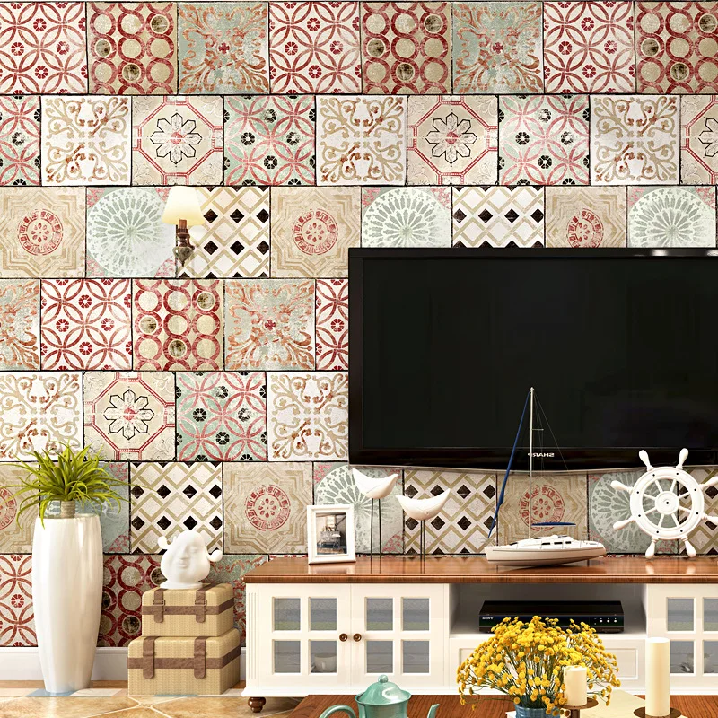 

Bohemian style wallpaper Southeast Asia Thai ethnic style waterproof imitation tiles Mediterranean TV background