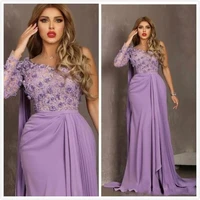 2020 arrival purple prom dresses sexy one shoulder neckline long sleeve 3d floral lace fabric bodice skirt formal evening gowns
