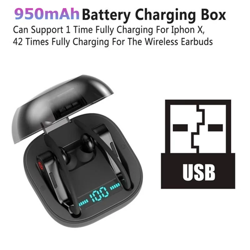 Q62 power HQB беспроводные V5.0 bluetooth наушники стерео гарнитура с ушным крючком спортивная Гарнитура с светодиодный цифровой дисплей зарядная коробка