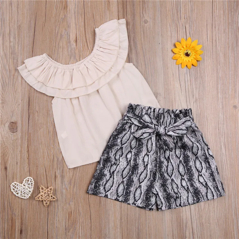 

2021 Kids Baby Girls Casual Two-piece Summer Clothes Set Apricot Solid Color Short Sleeve Tops Snake Printing Patterns Shorts
