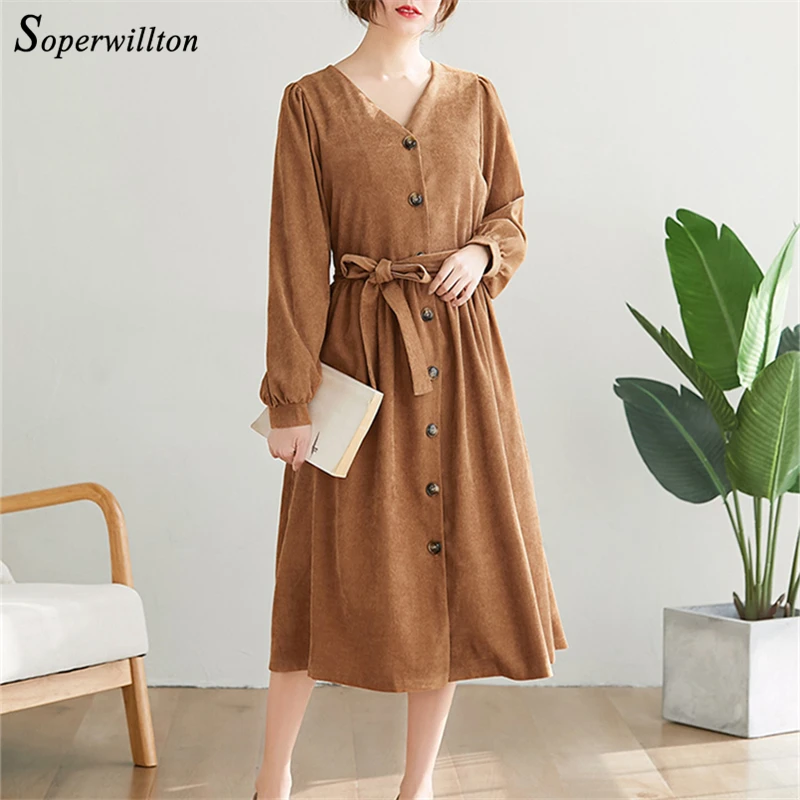 Вельветовое женское платье повседневные зимние платья с v-образным вырезом и