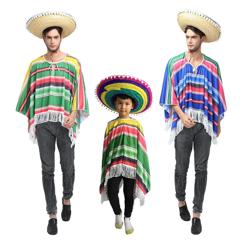 

Mexican Cosplay Party Holiday Costumes Mexico Traditional Clothing Performance Halloween Costumes for Adult Kid Tops+Hat Set