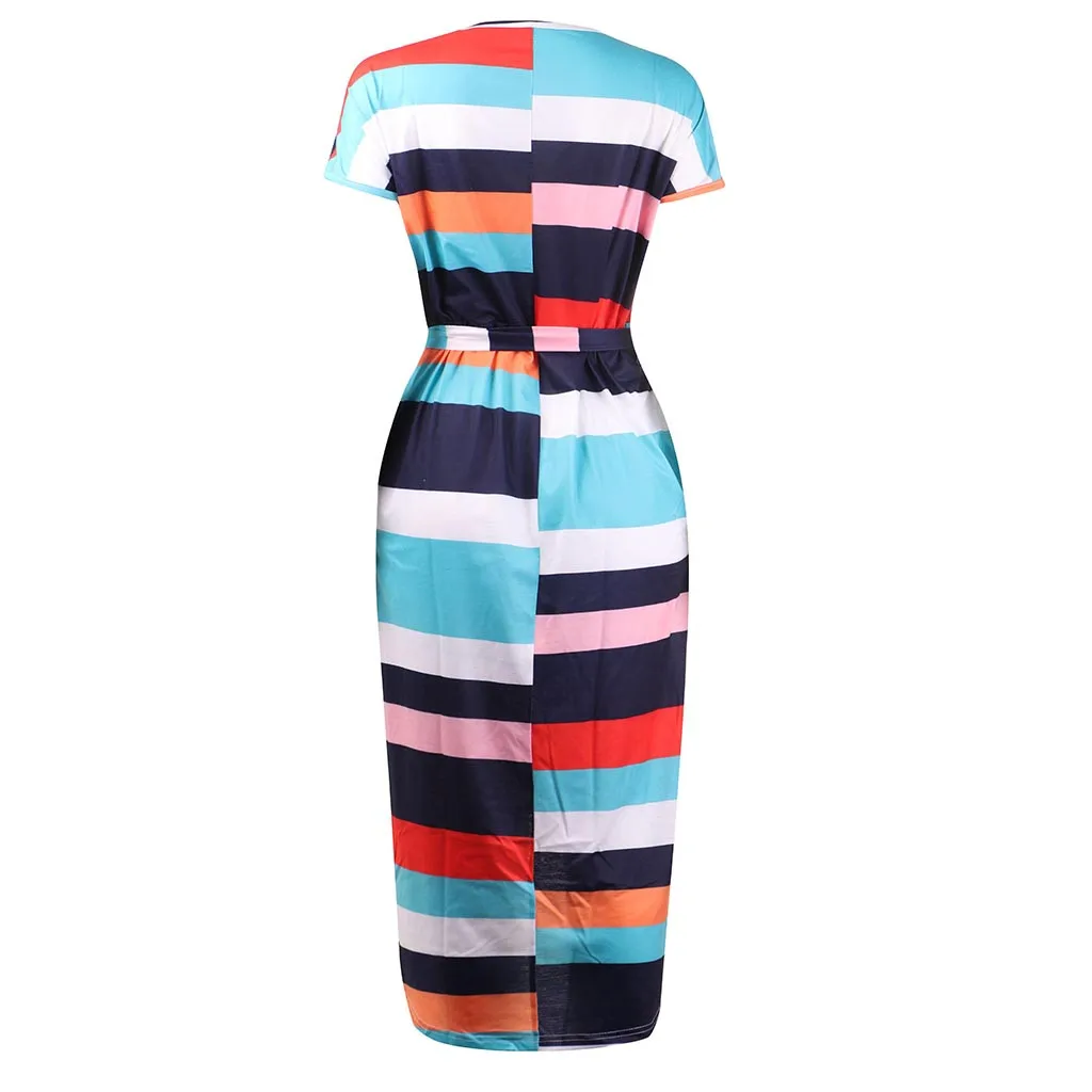 

Summer Women Dress Bohemian Print O-Neck Short Sleeve Bowknot Tie Splice Pocket Beach Slit Sexy Knee Length Dress Dropshipping