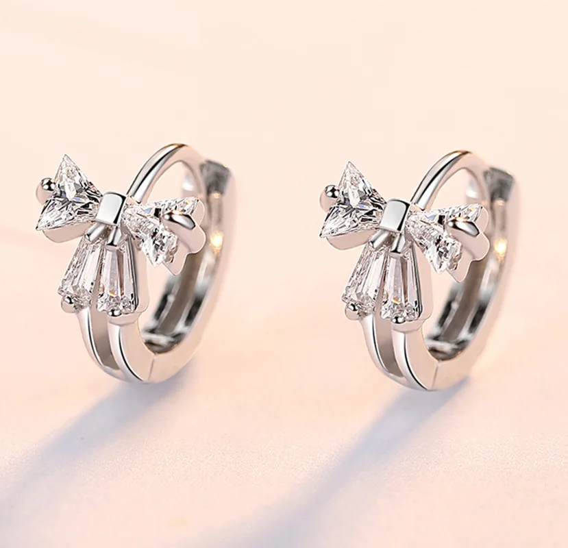 

925 Sterling Silver Zircon Bowknot Stud Earring For Women Girls Wedding Party Elegant Korean Jewelry Pendientes eh459