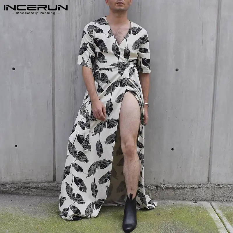 

INCERUN Men Jumpsuits Printed Loose V Neck Short Sleeve Dress Split Robes Men 2021 Streetwear Lace Up Sexy Casual Dresses 5XL