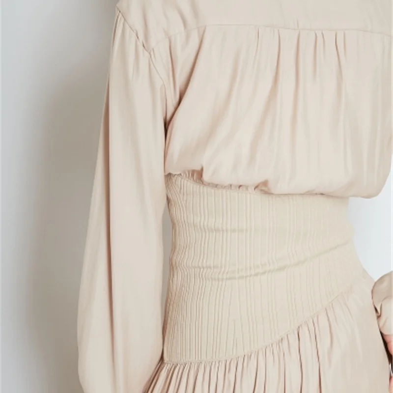 

Slim A-line Solid Knitted Patchwork Dresses Turn-down Collar Lantern Long Sleeve Female Robe Office Lady Elegant Vestidos