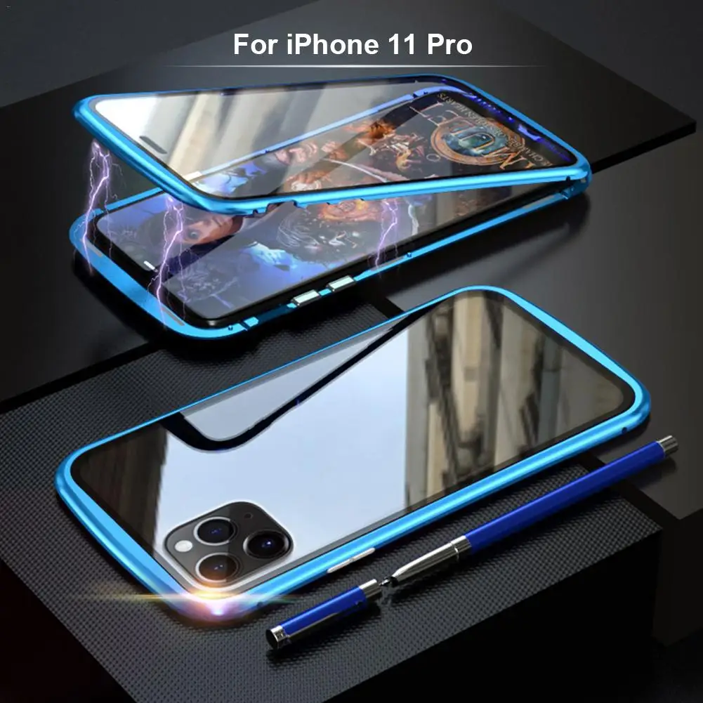 For iPhone 11 Pro Магнитный чехол Адсорбция мобильного телефона металлический каркас двойное закаленное стекло чехол для IPhone 11 Pro Max - Цвет: For iPhone 11 Pro