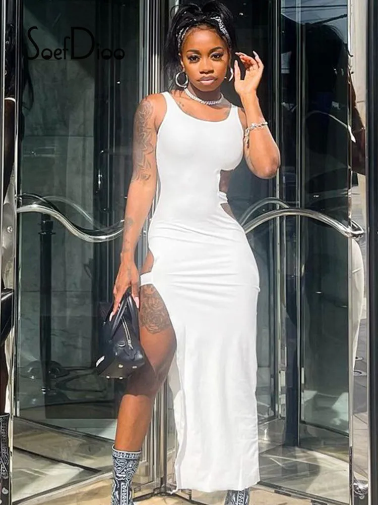

Однотонное облегающее платье Soefdioo с открытой спиной, женское сексуальное вечернее платье макси с высоким разрезом, летнее элегантное Полун...