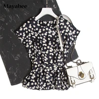 retro little daisy print real color sleeveless t shirt with bowknot blouse 2021 spring summer new