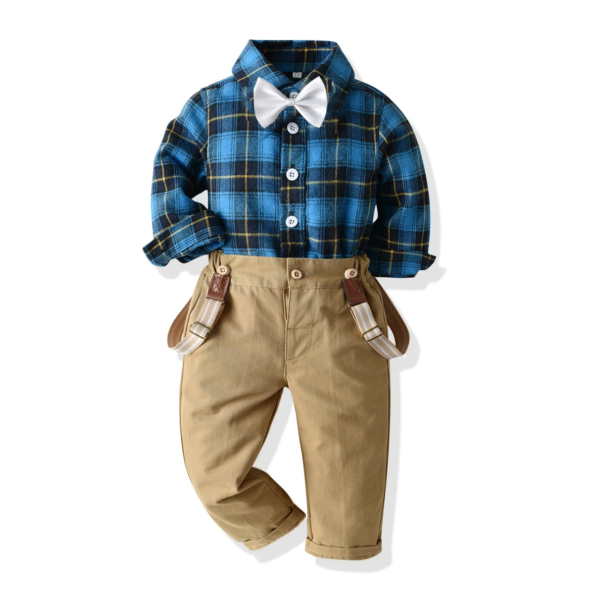 

Hot Baby Boys Gentleman Outfits Suits Infant Long Sleeve Plaid Romper Cotton Shirt + Suspenders Pant + Bow Tie Overalls Clothes