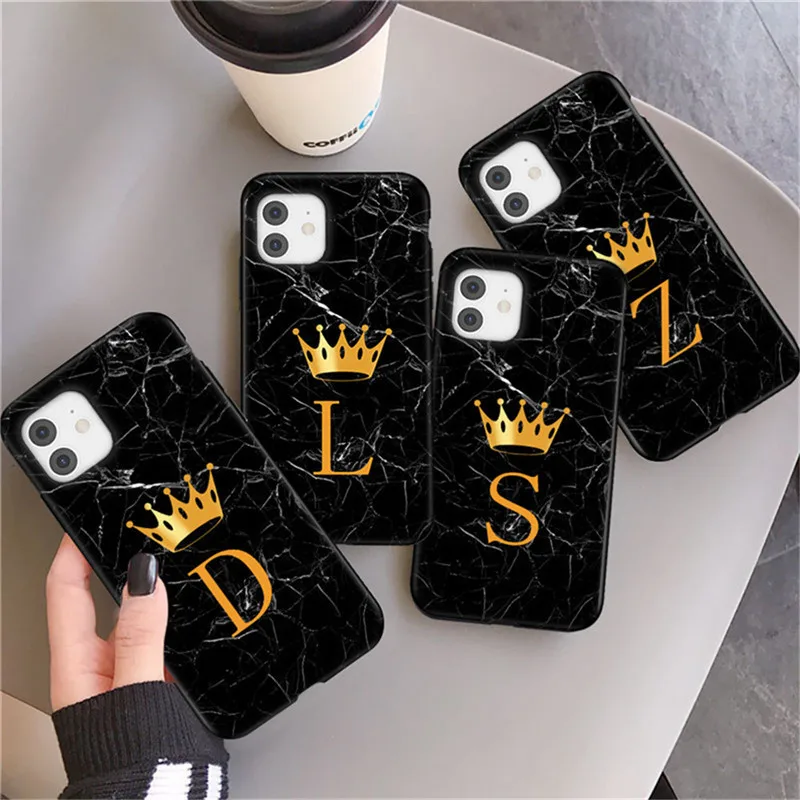 

Marble Stone Phone Case For iPhone 12 11 Pro Max X XR XS Max 7 8 Plus SE 2020 Initial Letter Crown Cartoon Soft TPU Back Cover