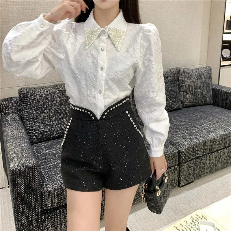 

Women Small Fragrance Vintage Jacquard Beading Lapel Shirt+Chic Design Diamonds High Waist Shorts Female Two Piece Set