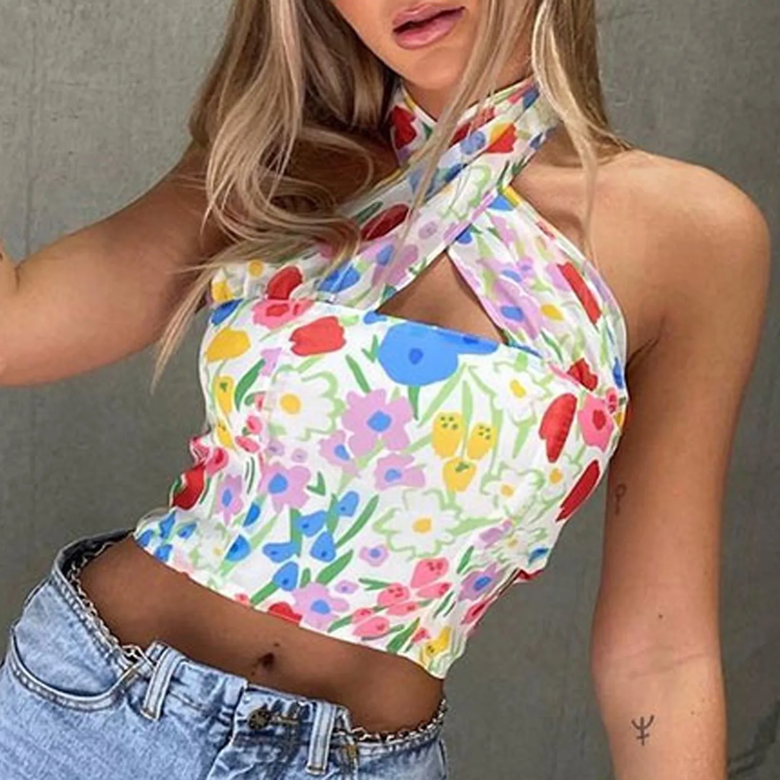 

Women Strappy Cross Over Sexy Casual Holiday Style Flower Print Hanging Neck Sling Sexy Tops Woman Clothes Corsetto Donna 2021
