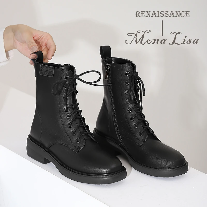 Jual 2022 Baru Tiba Sepatu Hak Menengah Wanita Alas Kaki Kulit Asli Ujung Bulat Renda Sisi Ritsleting Nyaman Sepatu Bot Sepeda Motor Wanita