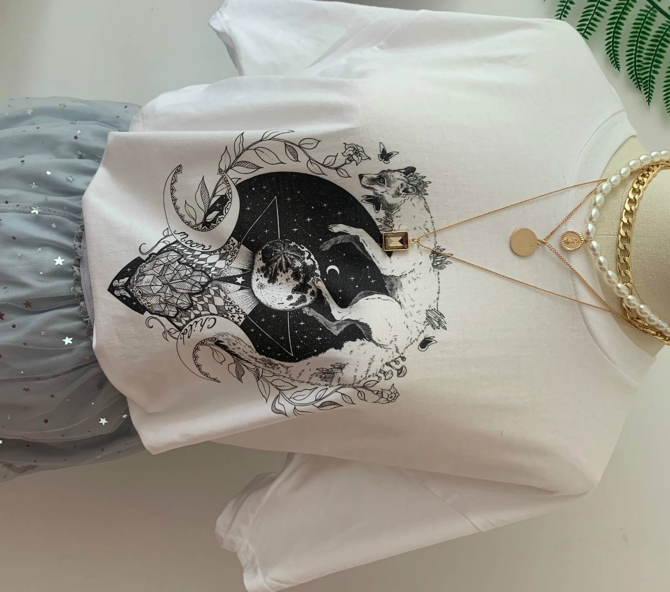 Fashionshow-JF Moon Child Fox Crystal Printed T Shirt Women Short Sleeve Cotton Sailor Fashion Street Style Outfits | Женская одежда