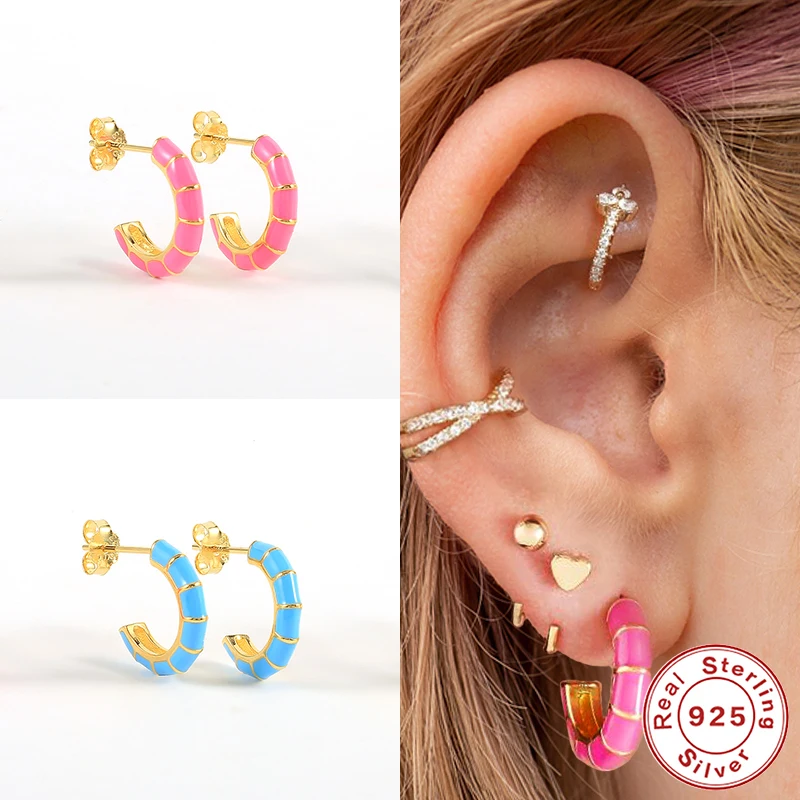 

C Shape Dripping Oil Color Sterling Silver Earrings for Women Stud Earrings Piercing Pendientes Mom Gift 2021 Trend Luxury