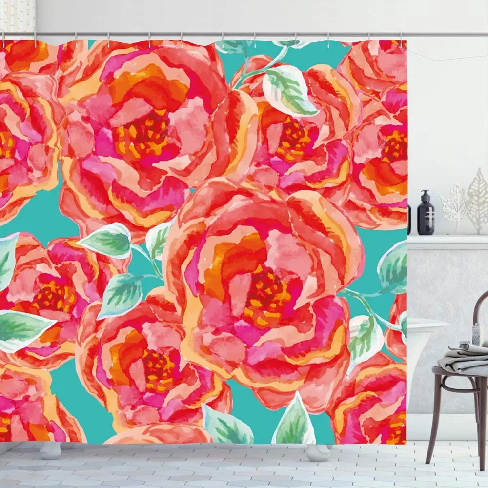 

Shower Curtain Set with Hooks 60x72 Pink Roses Red On Green Turquoise Center Watercolor Blooming Nature Summer Design Colorful