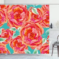 shower curtain set with hooks 60x72 pink roses red on green turquoise center watercolor blooming nature summer design colorful