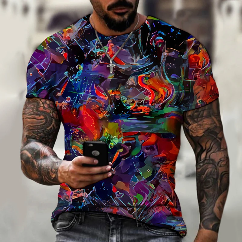 

2021 summer men's 3d painted T-shirt sports street art short-sleeved fashion graffiti retro European and American style