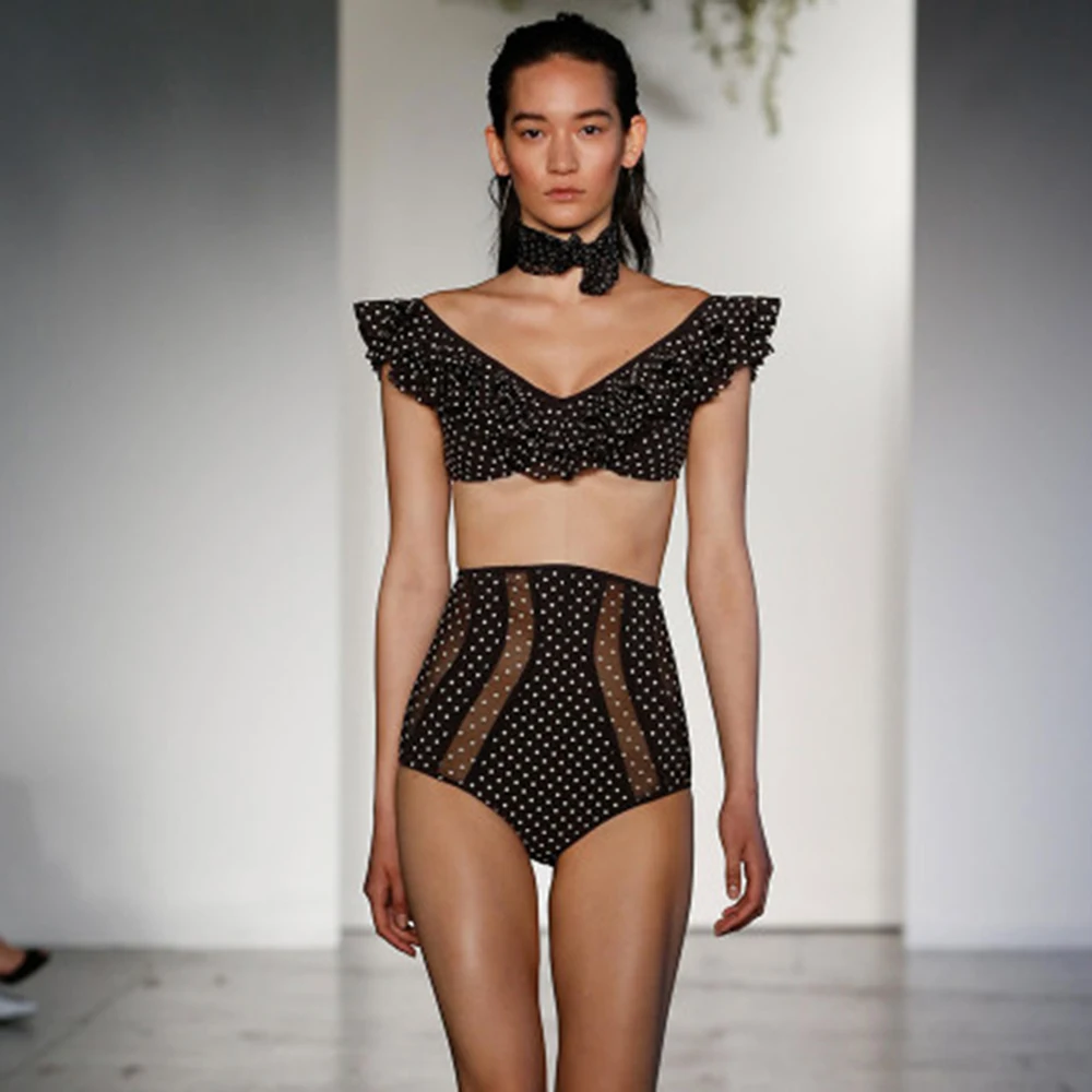 Бикини женское с оборками и высокой талией черный сетчатый пикантный купальник