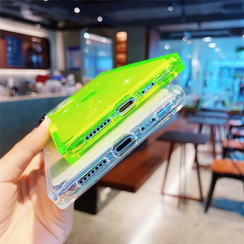

Square Fluorescent Glitter Phone Case For iPhone 12 11 Pro Max X XS Max XR 8 7 Plus 12 Bumper Shockproof Clear Back Cover Funda