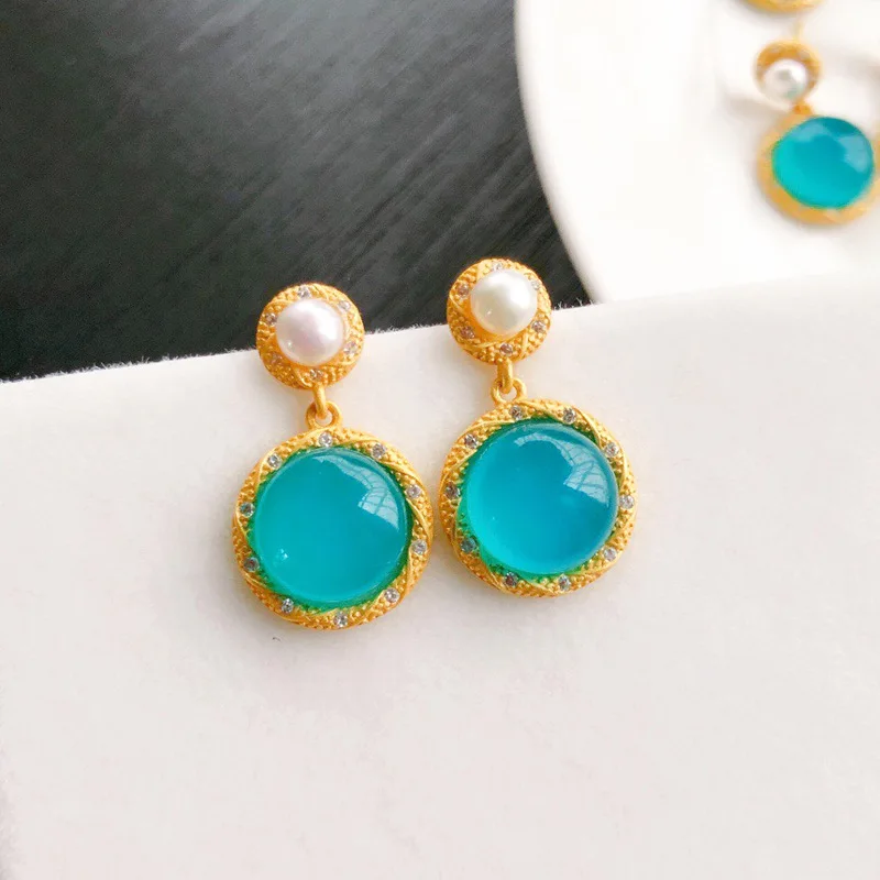 Круглые серьги-подвески из натурального амазонита голубого озера жемчуга