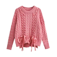 heavy industry beaded twist sweater womens pullover korean stylish lace up thick bowknot knit top irregular pink sweater jumper