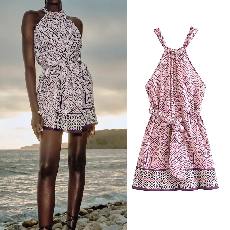 

Za 2021 Halter Dress Woman Vintage Print Short Summer Dresses Women Fashion Belt Backless Mini Dress Knot Beach Sundress