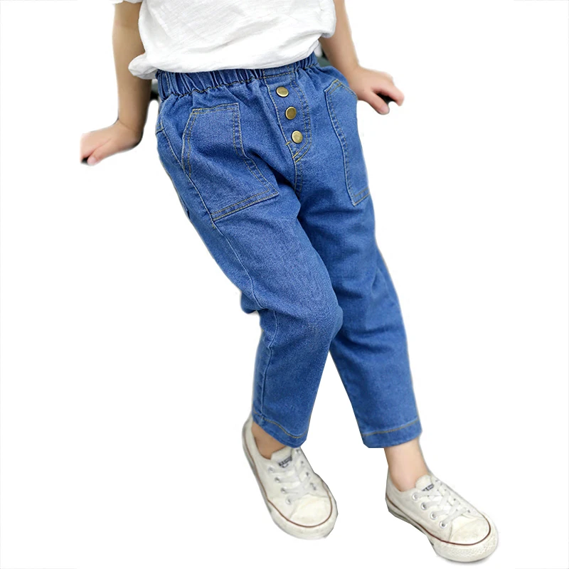 

Повседневные синие весенние джинсы для девочек, однотонные девятые брюки для девочек, эластичные джинсовые брюки с высокой талией для мале...