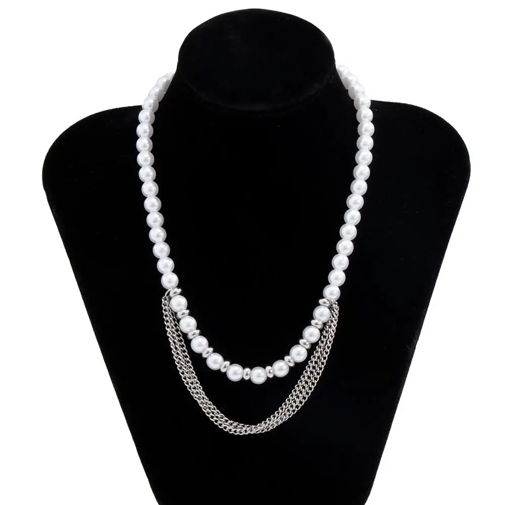 

IngeSight.Z Stainless Steel Double Layer Chain Tassel Choker Necklace Vintage Imitation Pearl Collar Clavicle Necklaces Jewelry