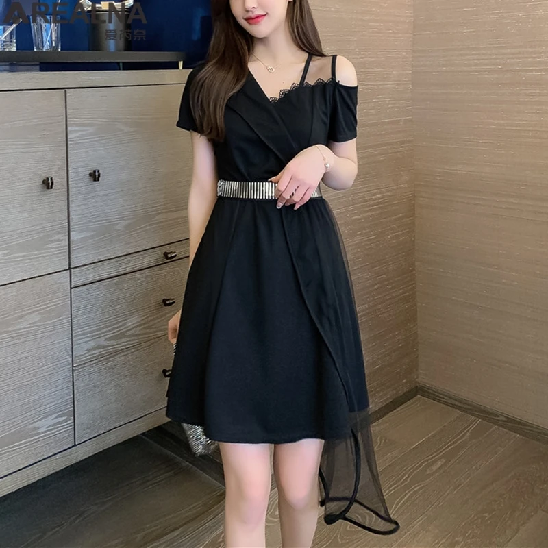 

Черное вечернее платье, элегантное Сетчатое платье с открытыми плечами, сексуальное ТРАПЕЦИЕВИДНОЕ мини-платье, женская одежда, Новинка ле...