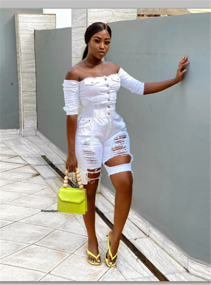 Adogirl Fashion Sexy Frosted Washed Hole Jeans Jumpsuit Buttons Slash Neck Off Shoulder Half Sleeve Shorts Romper Playsuit | Женская